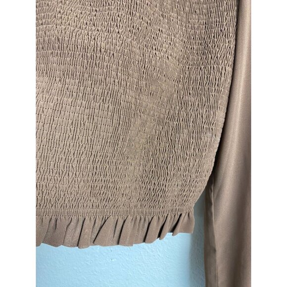Miou Muse Brown Smocked Top Womens size Large Long Sleeve Boho Capsule Peasant - Picture 7 of 11